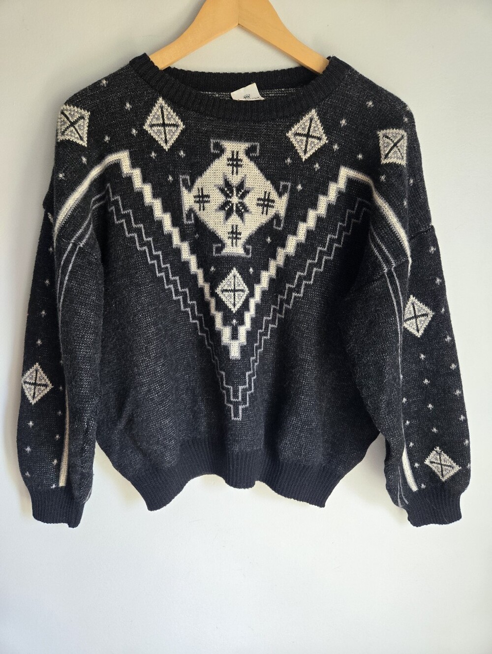 Vintage MASER Black & Cream Geometric Wool Crewneck Sweater